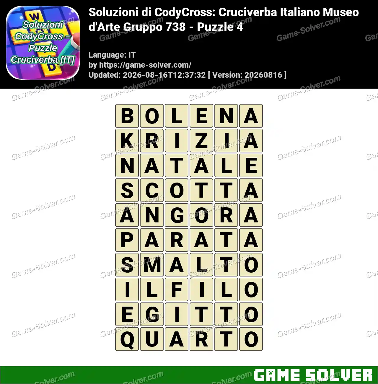 Soluzioni di CodyCross: Cruciverba Italiano Museo d’Arte Gruppo 738 – Puzzle 4